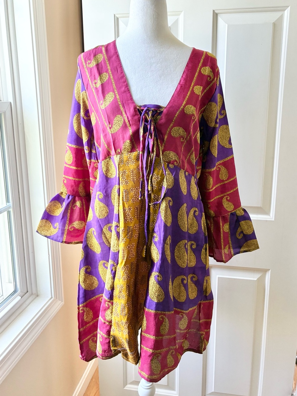 Boho Silk Mini Dress Swim Coverup Long Ruffle Sleeves Multicolor Size S